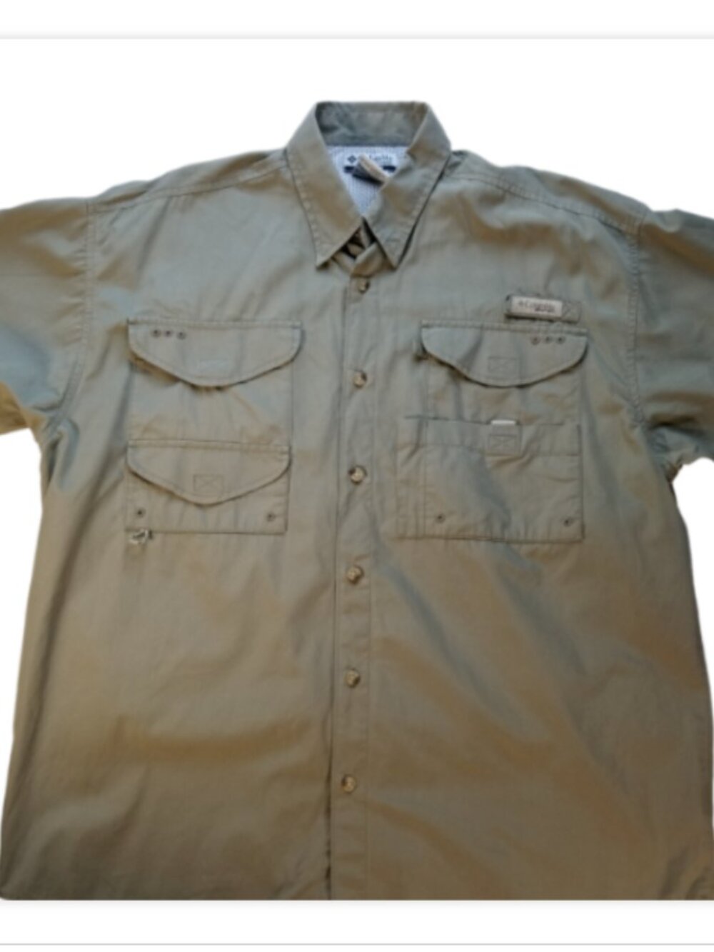 Columbia PFG Shirt Mens Medium Bonehead Short Sleeve Fishing Utility Cotton Sage